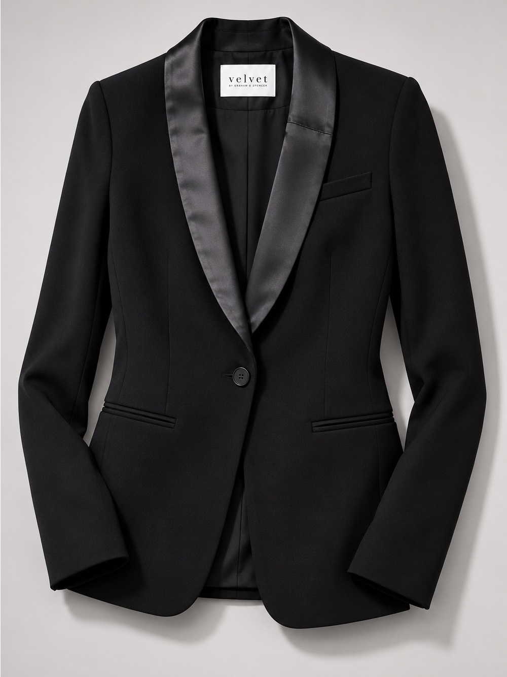 Velvet by Graham & Spencer Black Satin Shawl Collar Tuxedo Blazer L Retail $359